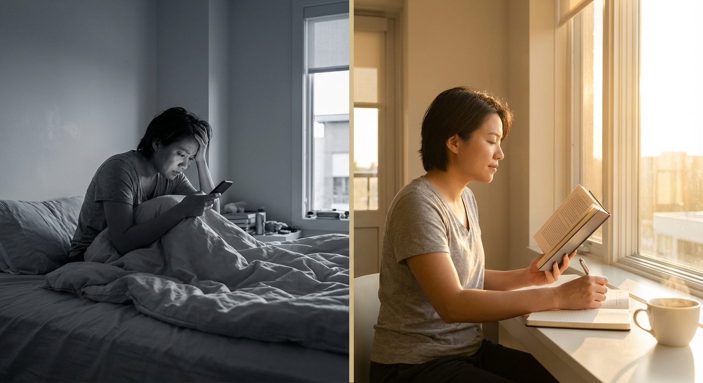 Contrast between phone-checking and intentional morning activities