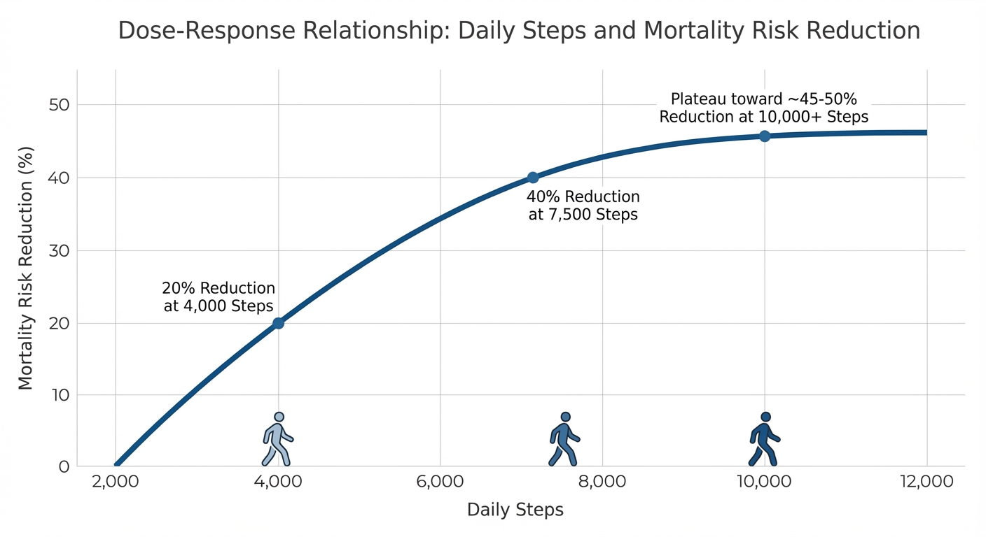 Graph showing the relationship between daily step count and mortality risk reduction