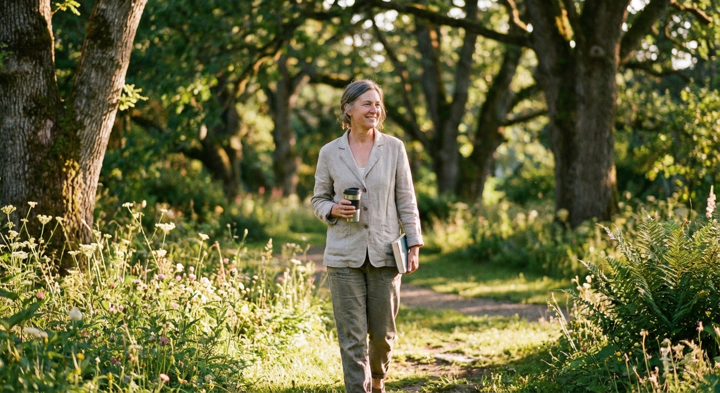 Person walking in a park with visible sense of calm and wellbeing
