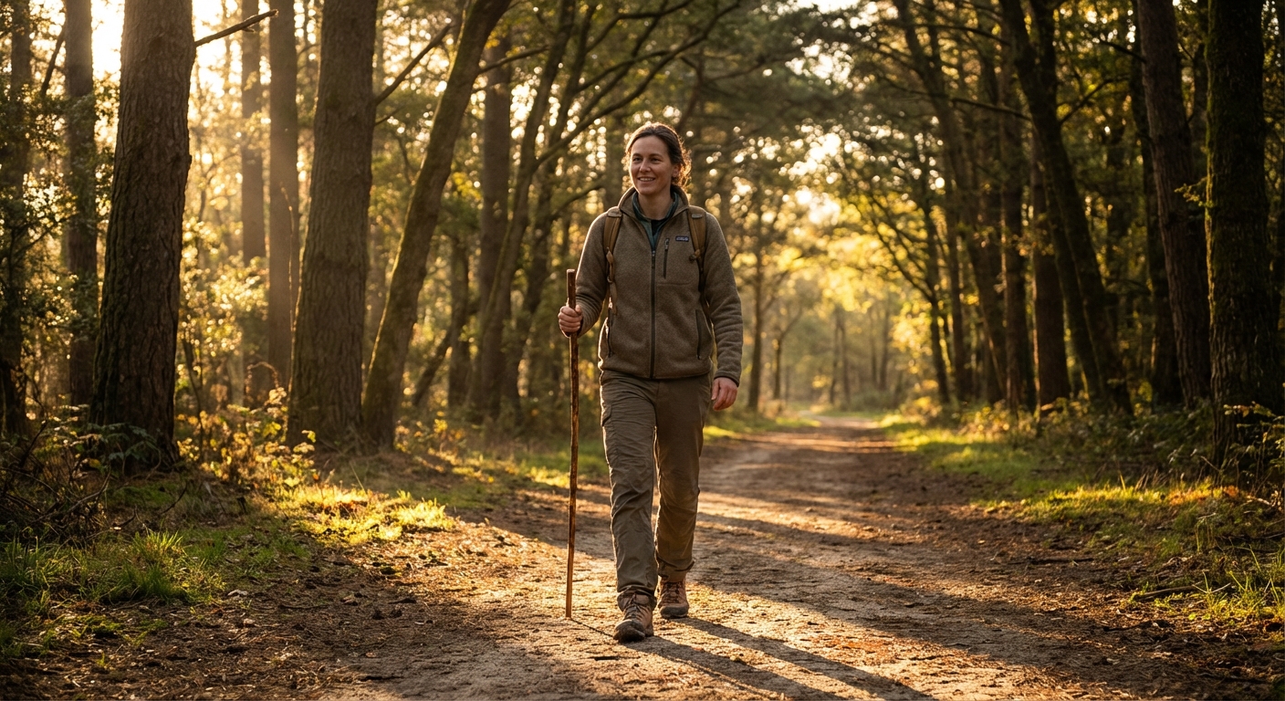 Person walking on a scenic trail with morning sunlight filtering through trees