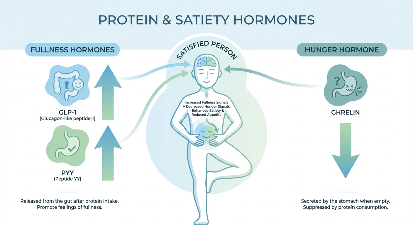 Infographic showing protein's effects on hunger hormones GLP-1 and ghrelin