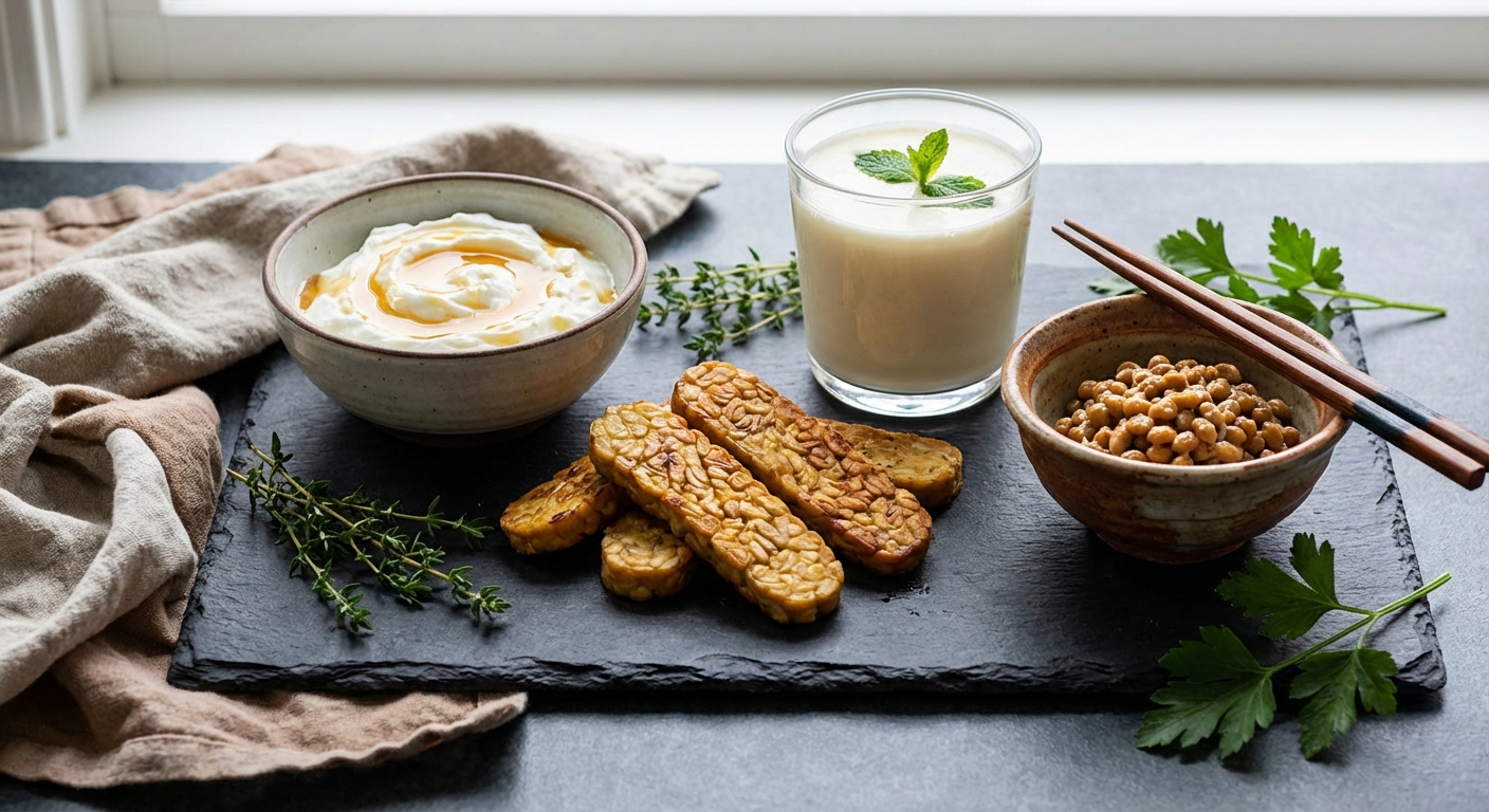 Fermented protein foods including tempeh, Greek yogurt, kefir, and natto arranged on slate board