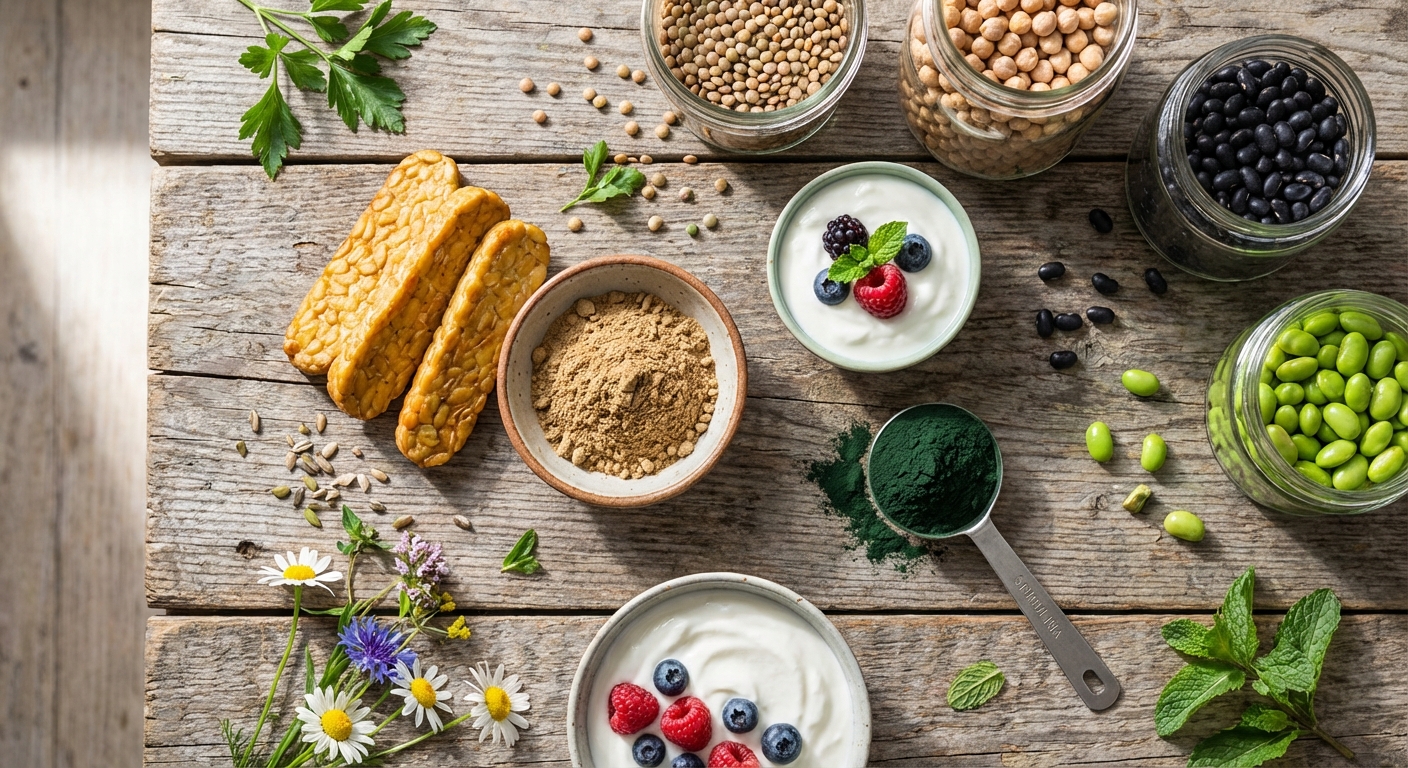 Array of diverse protein sources including tempeh, cricket flour, Greek yogurt, and legumes on wooden table