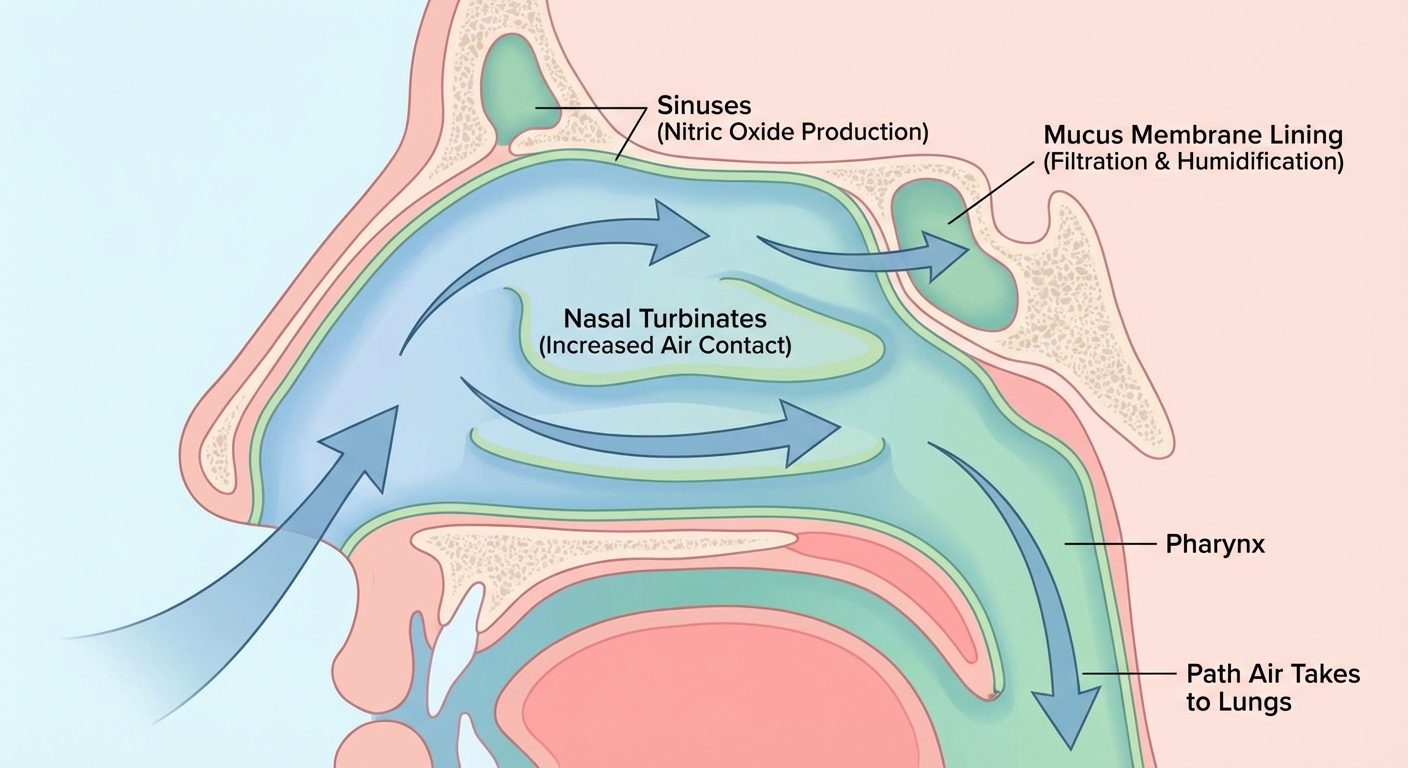 Anatomical diagram showing nasal passage structures including turbinates and sinuses