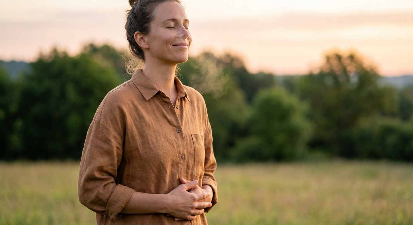 Person practicing nasal breathing outdoors in morning light with peaceful expression