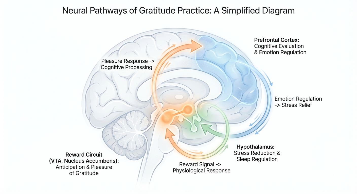 Brain diagram showing reward pathways and prefrontal cortex activation during gratitude