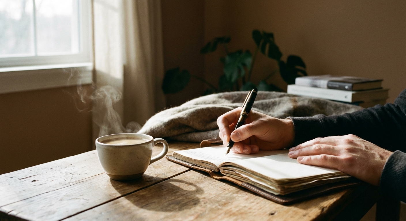 Person writing in a journal by morning window light with coffee beside them
