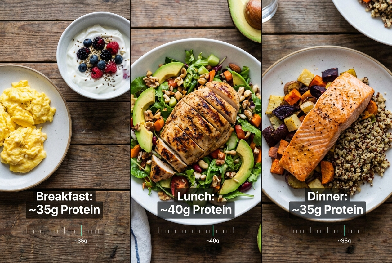 Protein-forward meal examples showing high-protein breakfast, lunch, and dinner options