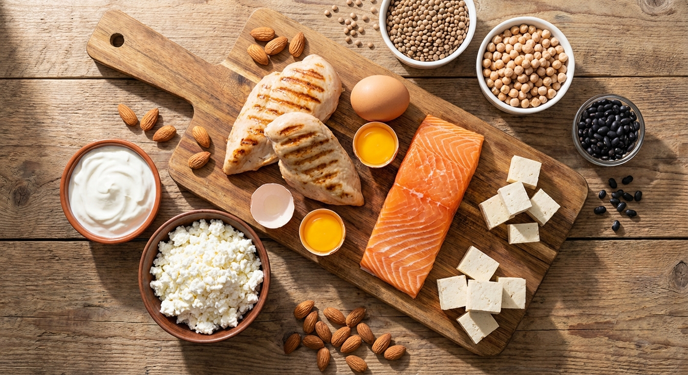 High-protein foods arranged on a table including eggs, chicken, fish, Greek yogurt, and legumes