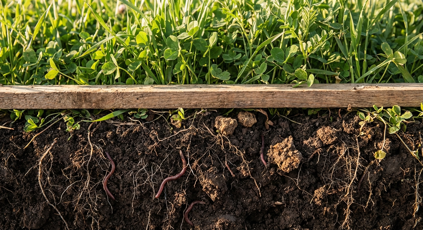 Healthy dark soil with visible root systems and earthworms in regenerative farm setting