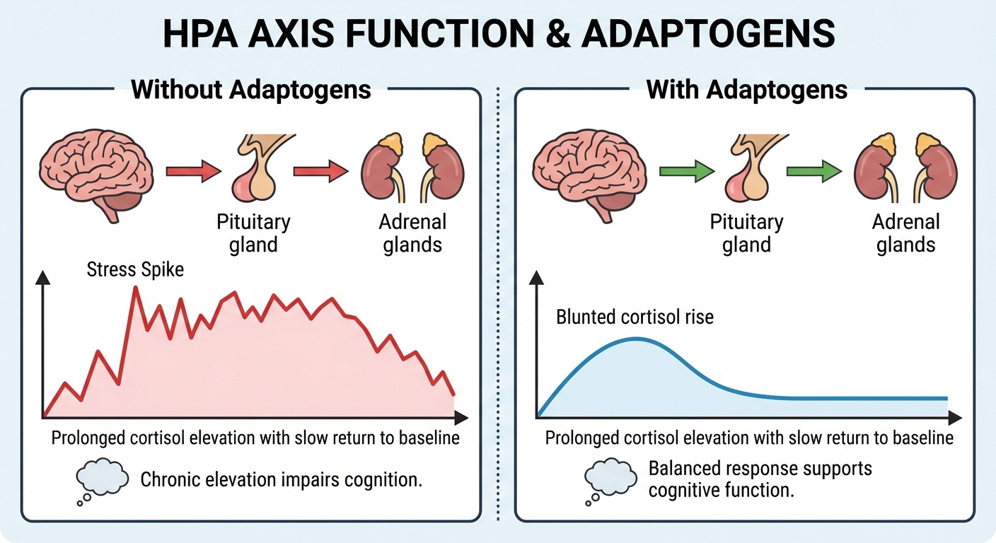Comparison of HPA axis function with and without adaptogen support showing stress response and recovery