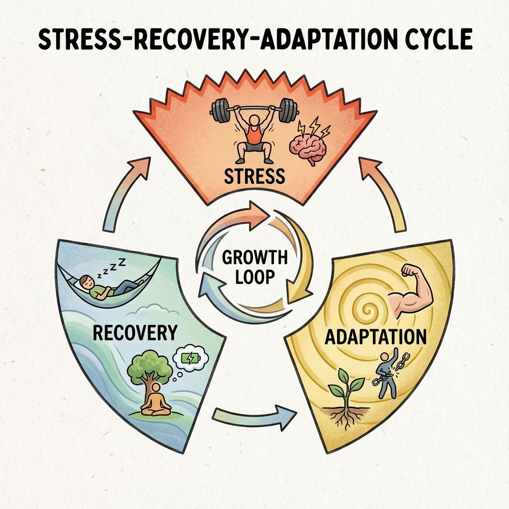 The stress-recovery cycle showing how hormetic stress plus adequate recovery produces adaptation and growth