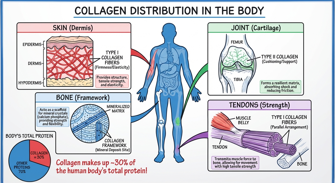 Diagram showing collagen's role in different body tissues: skin, joints, bones, tendons