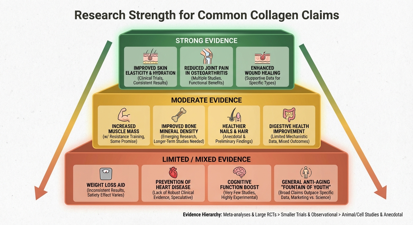Chart comparing evidence strength for collagen benefits: skin elasticity, joint pain, hair/nails, gut health