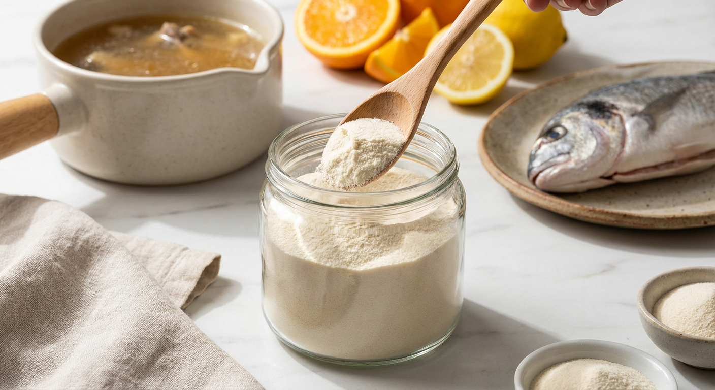 Collagen powder being scooped from a container with healthy food and supplements in background