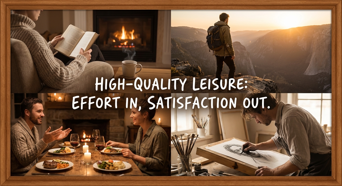 Collage of high-quality leisure activities that replace screen time: reading, exercise, conversation, hobbies