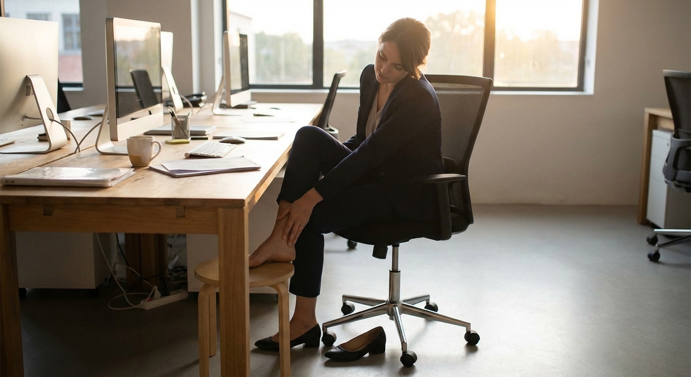 Person at desk showing tired posture after prolonged sitting