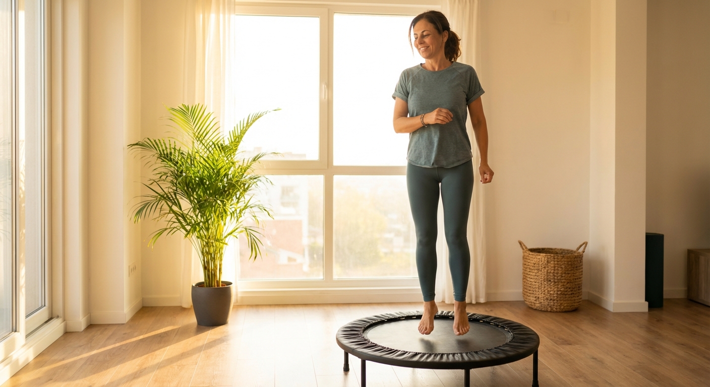 Person performing gentle bouncing on a mini-trampoline rebounder