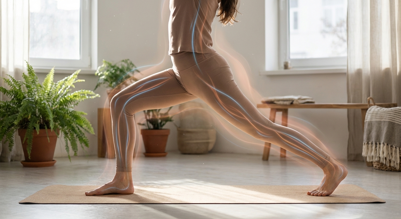 Person performing gentle yoga stretches with emphasis on fluid movement and lymphatic support