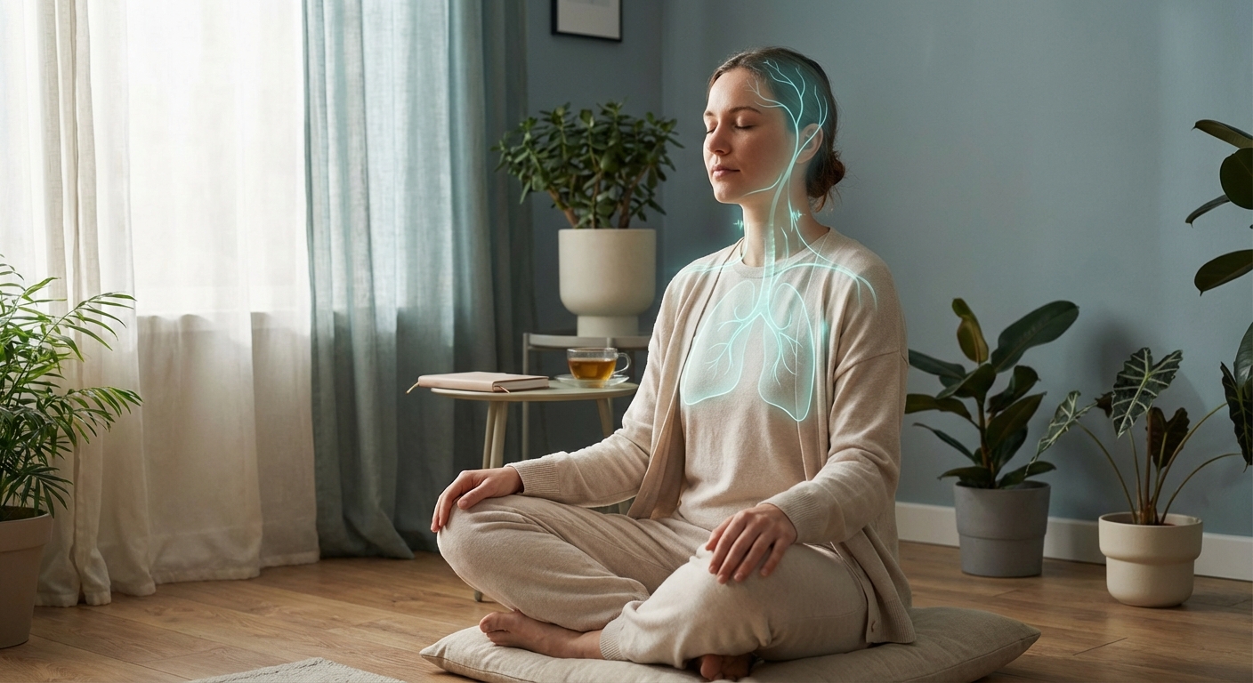 A calm person practicing slow breathing with visual overlay showing the nervous system pathway from lungs to brain