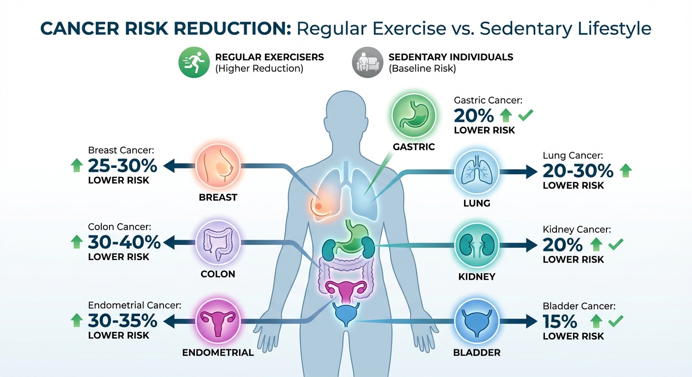 Infographic showing cancer risk reduction percentages for different cancer types with regular exercise