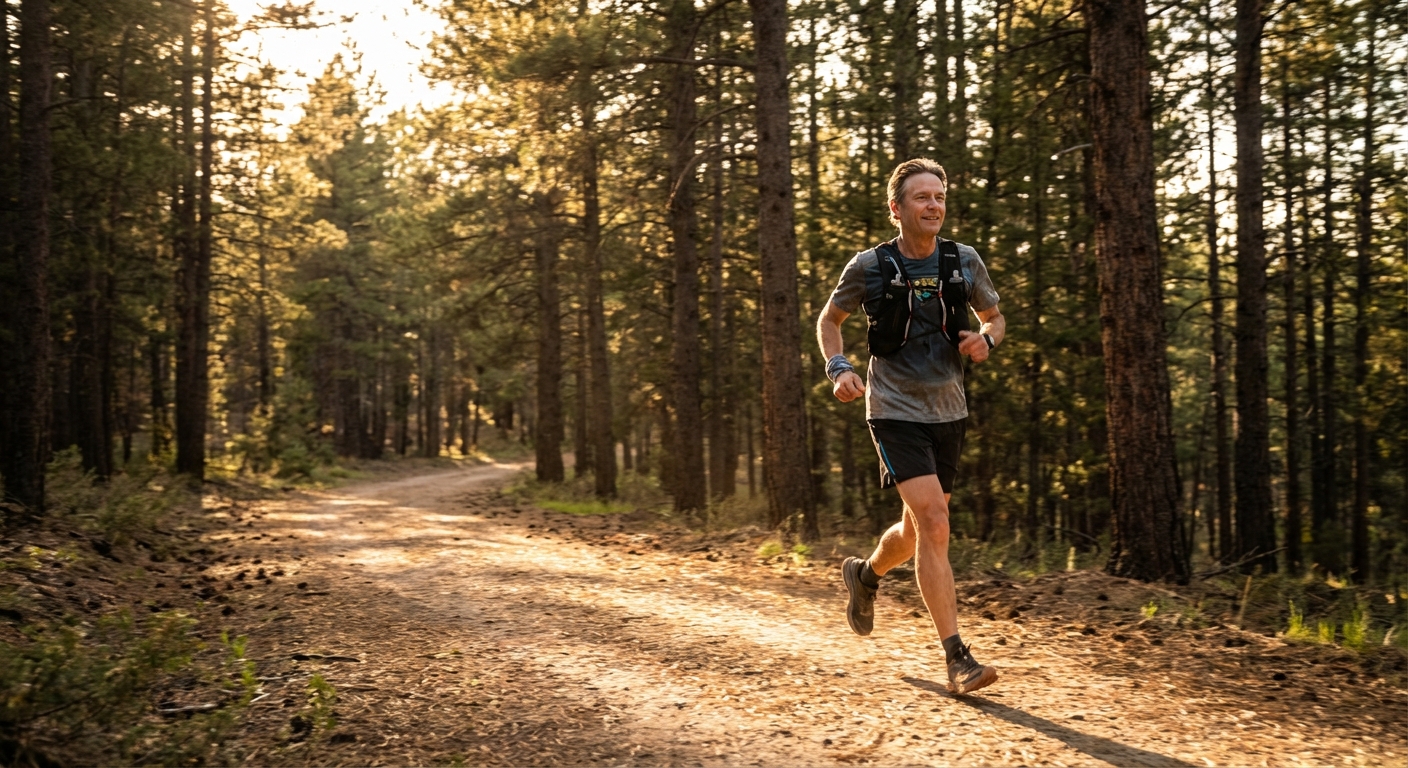 Person jogging on a forest trail at sunrise, representing the protective benefits of regular exercise against cancer