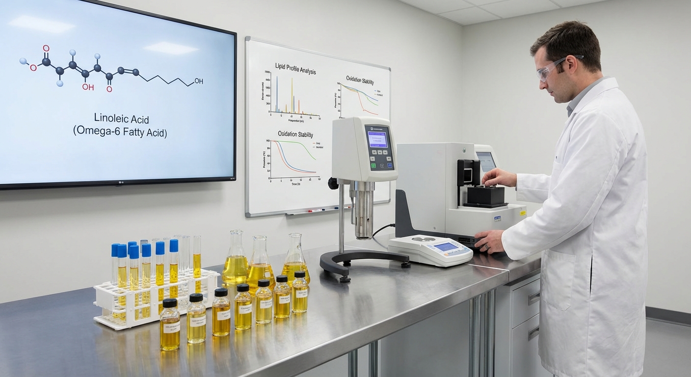 Scientific laboratory setting with oil analysis equipment and chemical structures