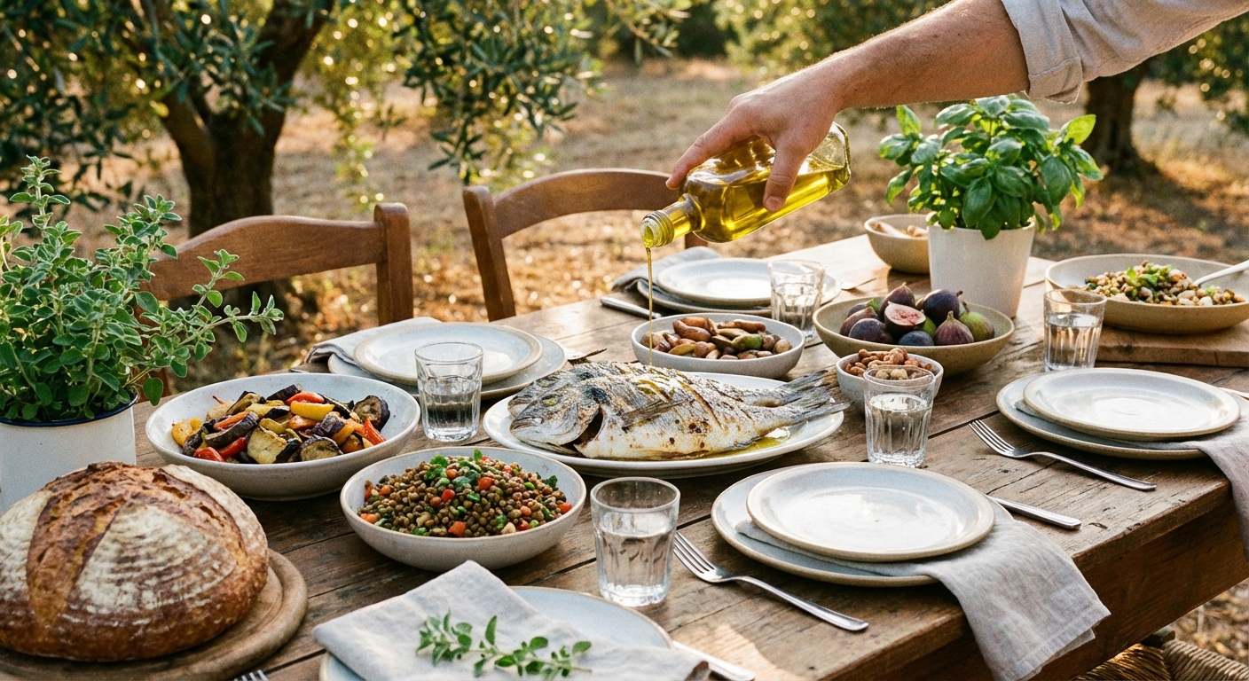 Mediterranean diet meal featuring olive oil, fish, vegetables, and whole grains