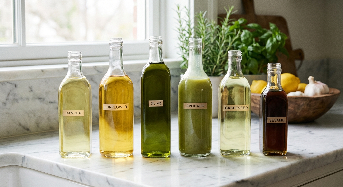 Various cooking oils including olive oil, canola oil, and sunflower oil in glass bottles on a kitchen counter