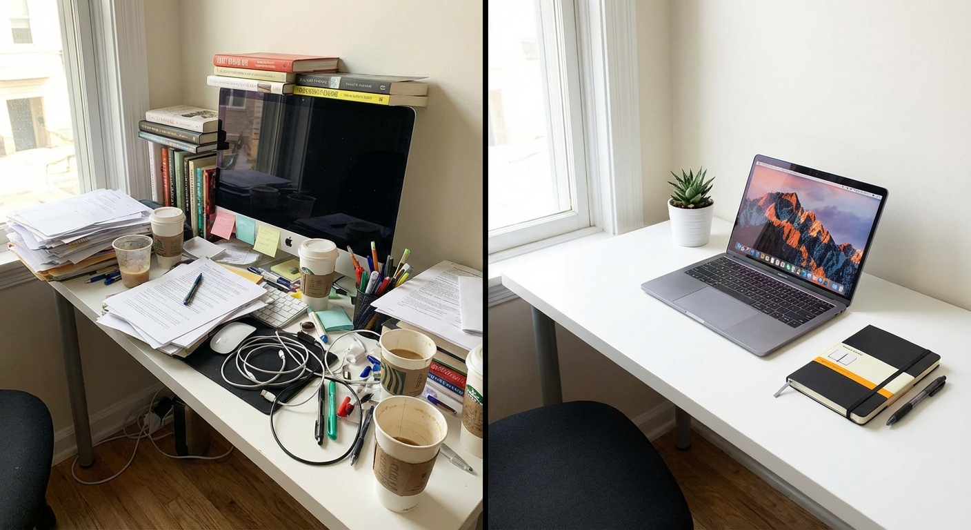 Split comparison showing cluttered desk creating visual chaos versus clean organized workspace