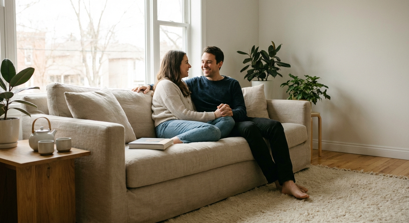 Couple relaxing together in clutter-free living room, enjoying connection rather than managing possessions