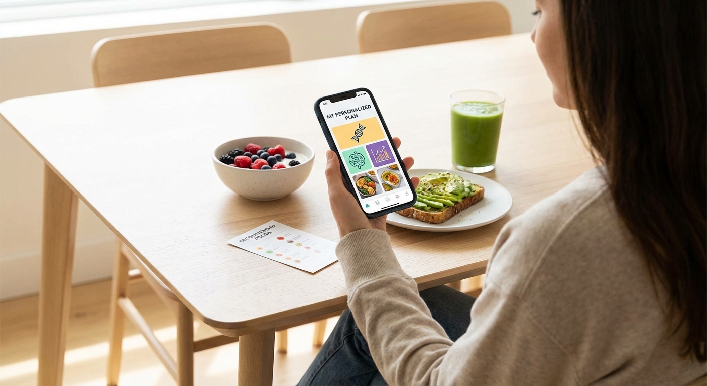 Person reviewing personalized nutrition recommendations on smartphone app after completing genetic and microbiome testing