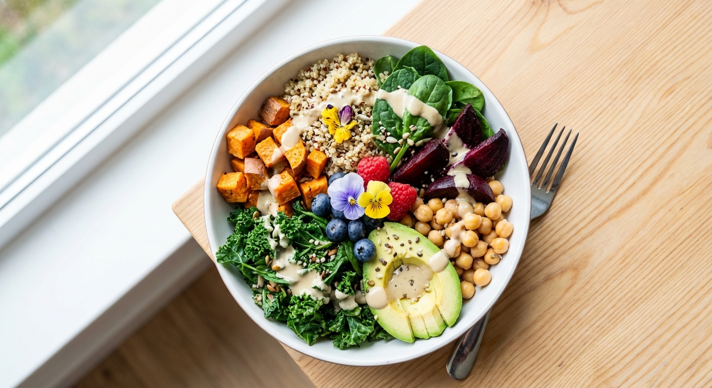 Nutrient-dense meal bowl featuring berries, leafy greens, legumes, and other whole foods