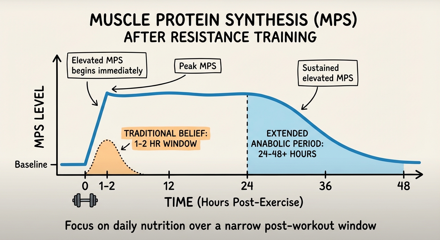 Diagram showing muscle protein synthesis elevated for 24-48 hours after resistance training