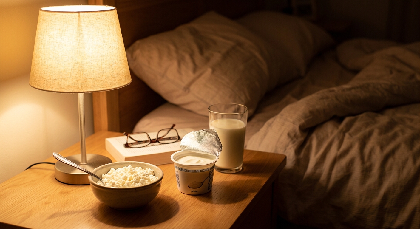 Greek yogurt and cottage cheese as pre-sleep protein sources on bedside table