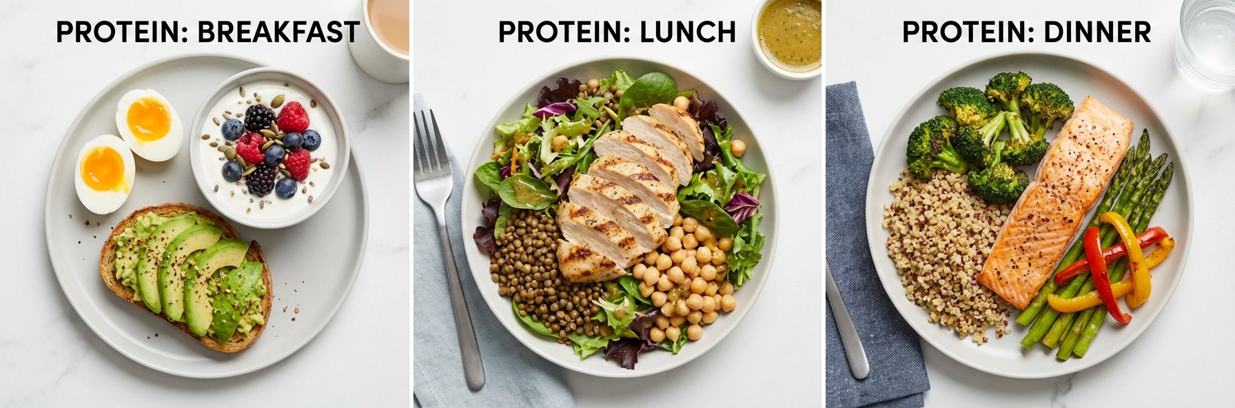 High-protein meals distributed throughout the day showing breakfast, lunch, and dinner portions
