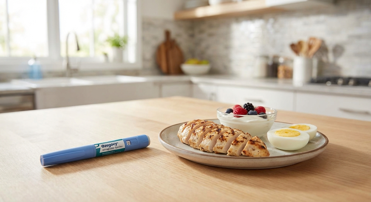 GLP-1 medication injection pen next to protein-rich meal showing strategic nutrition pairing