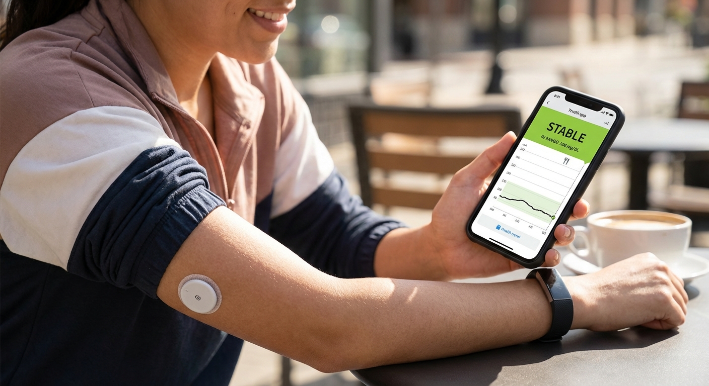 Person checking continuous glucose monitor data on smartphone showing real-time blood sugar trends