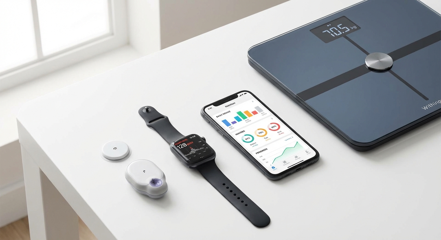 Modern health technology devices including a continuous glucose monitor, smartwatch, and smartphone displaying health metrics on a clean white surface