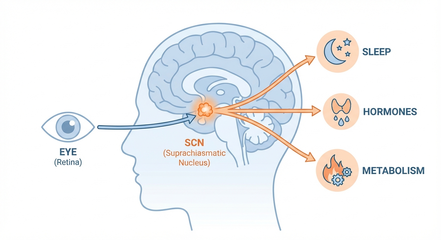 Diagram showing the suprachiasmatic nucleus location in the brain and its connection to light input through the eyes