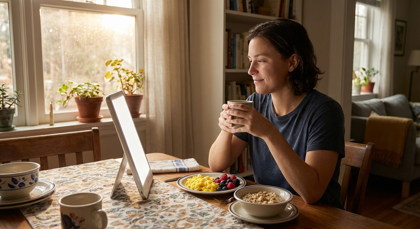 Person using a light therapy box at breakfast table in the morning