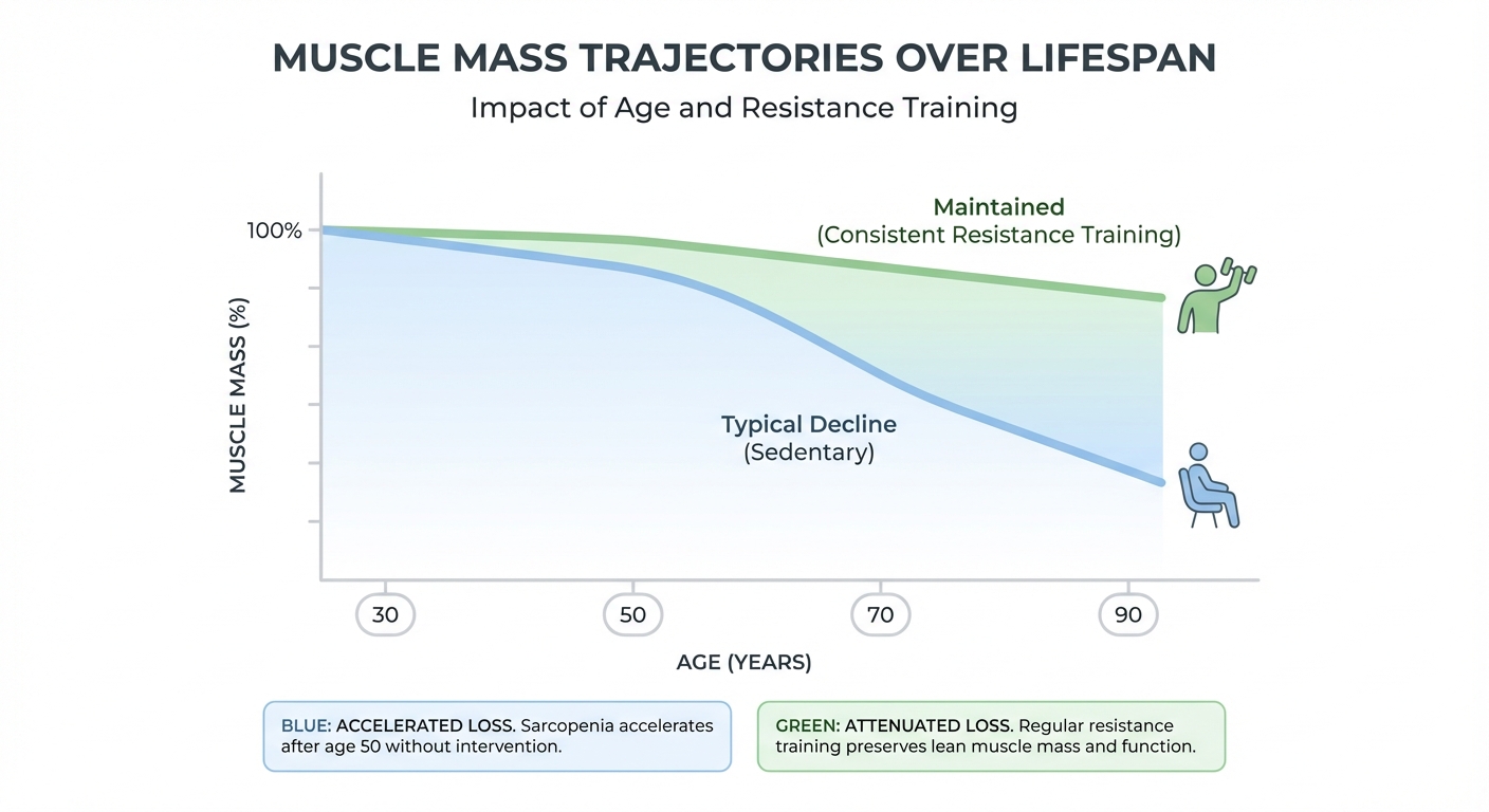 Comparison chart showing muscle mass decline with age and the protective effect of resistance training