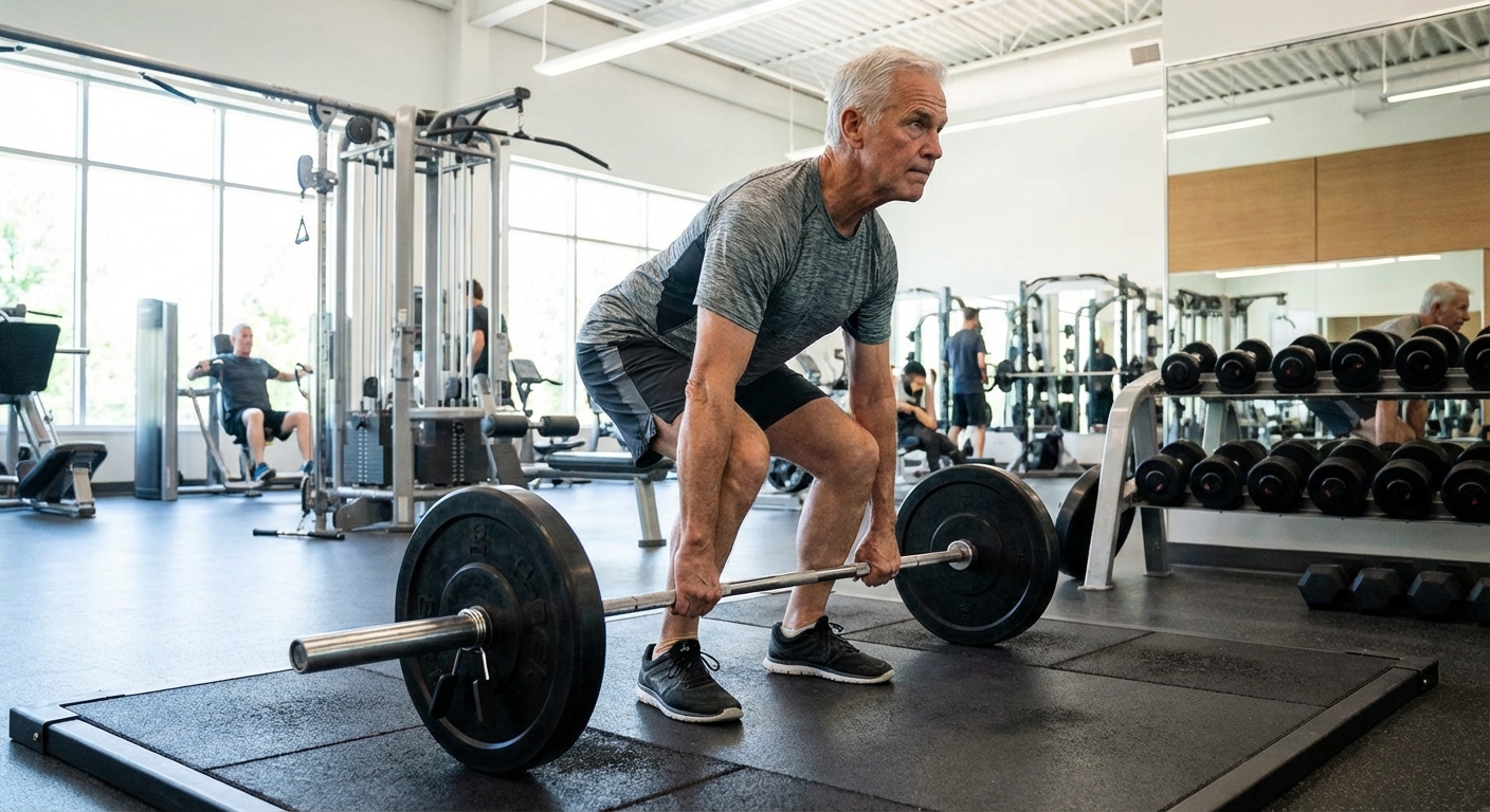 Fit older adult performing a barbell deadlift with proper form in a well-equipped gym