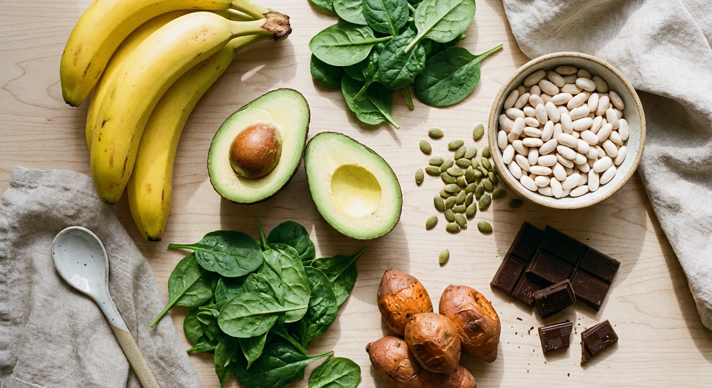 Colorful spread of electrolyte-rich whole foods including bananas, avocados, spinach, and sweet potatoes