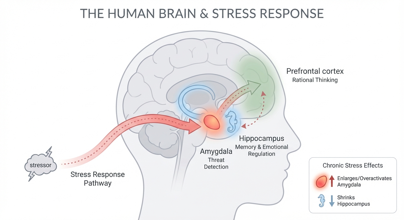 Brain diagram showing amygdala, hippocampus, and prefrontal cortex stress response pathway