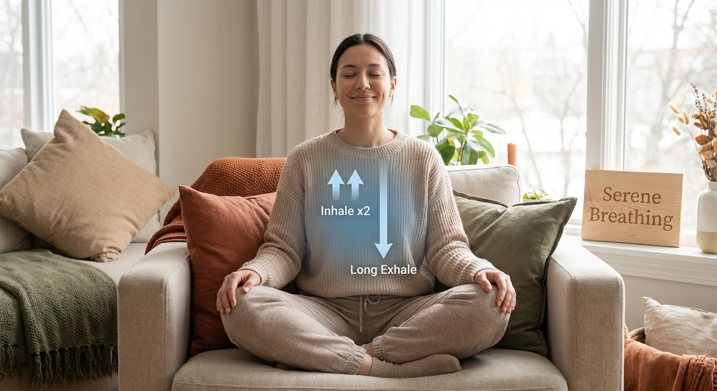 Person demonstrating physiological sigh breathing technique with visual 4-count overlay