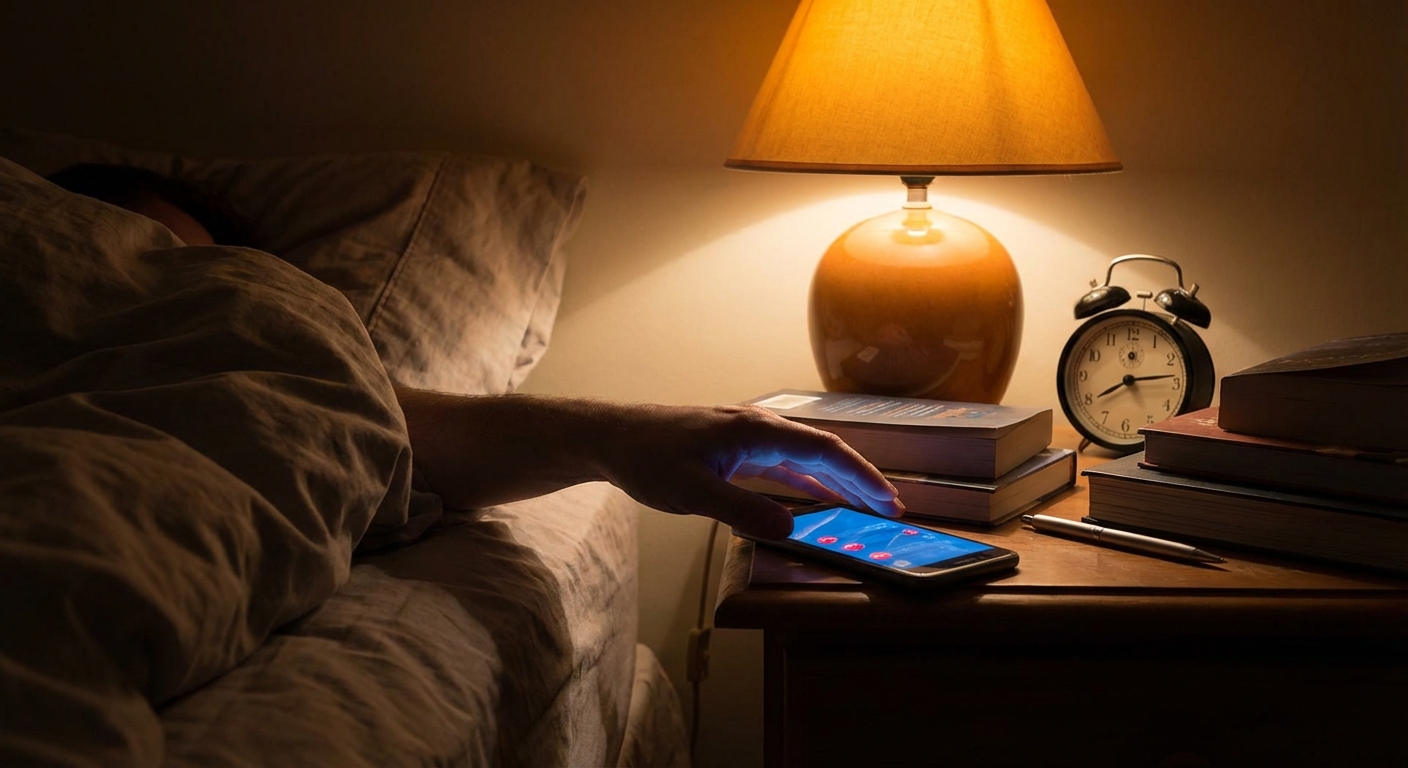 Person reaching for phone on nightstand in dim bedroom with visible notification glow