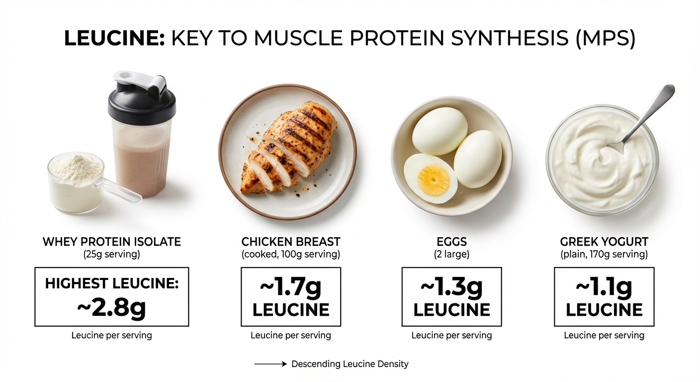 Visual comparison of leucine content in different protein sources with labeled amounts