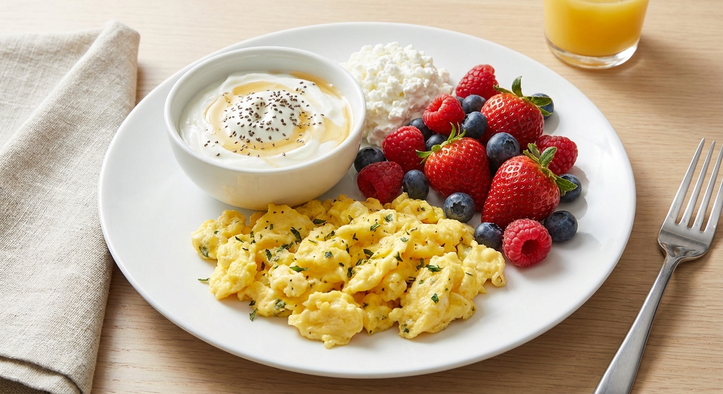 High-protein breakfast meal with eggs, Greek yogurt, and cottage cheese arranged on a white plate
