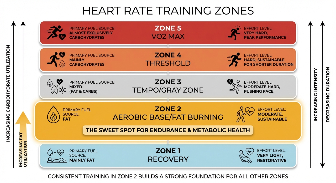 Diagram showing heart rate zones with Zone 2 highlighted as the fat-burning sweet spot